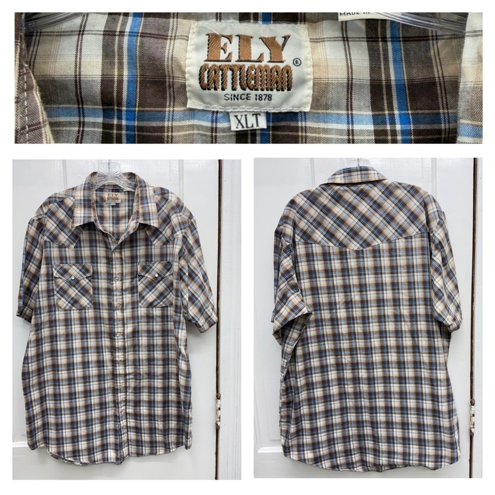Vintage Ely Cattleman Tall Man Western Pearl Snap Shirt Plaid Men's XLT XL Tall